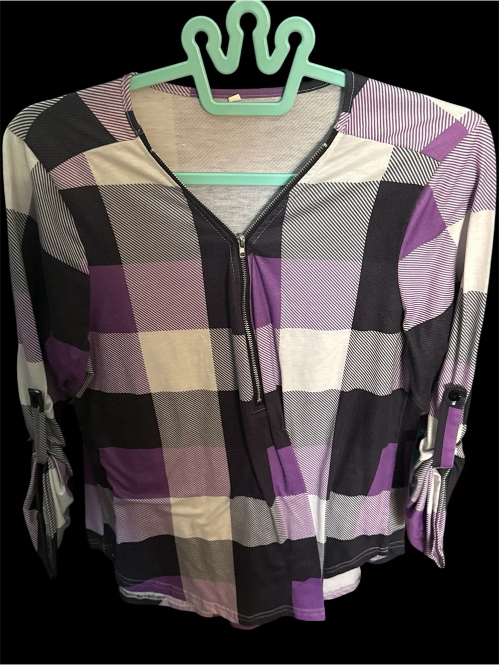 Women’s Purple Plaid Zip-Front Blouse
